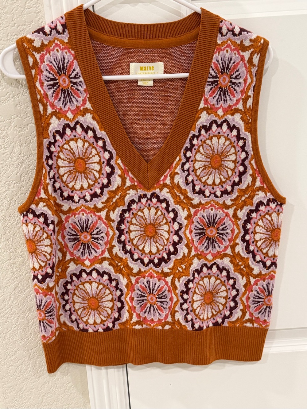 Anthropologie Maeve Rust Pink Floral Jacquard V-Neck Sweater Vest